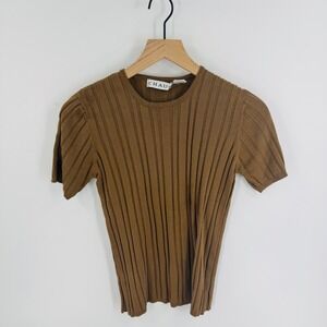 Vintage Chaus Brown 100% Silk Ribbed Short Sleeve Knit Top Size L Old Money